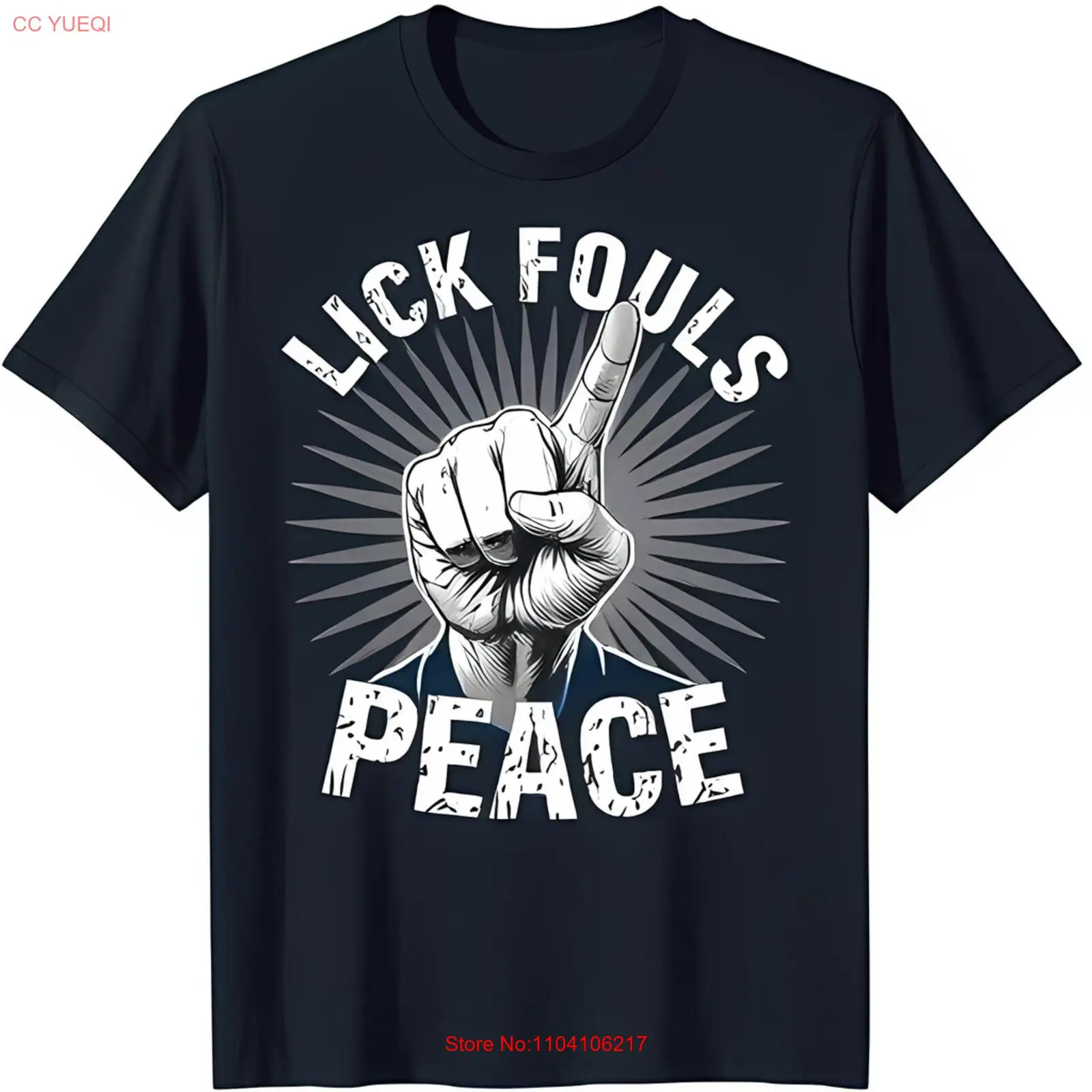 

Забавная синяя футболка с графическим рисунком знака мира и слоган «Lick Fouls Peace»