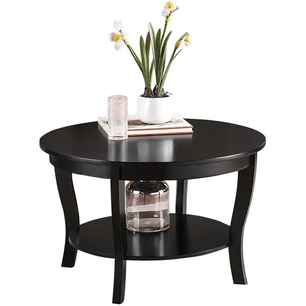 Round coffee table with shelves and two spacious shelves, black, living room coffee table