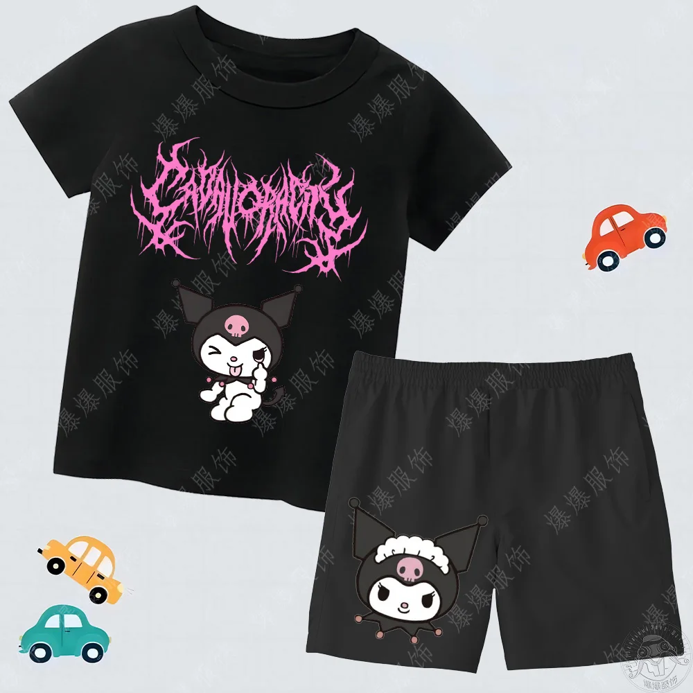 Cartoon Printed Kuromi Pure Cotton T-shirt Breathable Beach Pants Children's Clothing Set Fashionable  Comfortable Soft Fabric