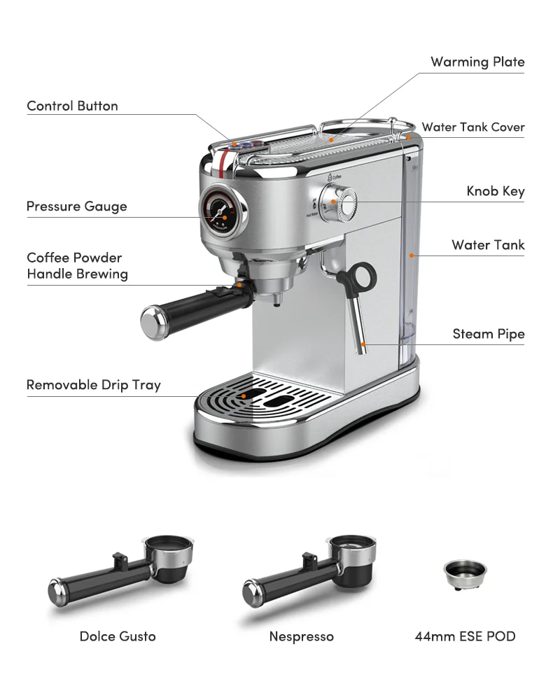 3in1 Espresso Coffee Maker Machine Retro Stainless Steel Piezometer 19 Bar Extraction Milk Frother Steam Home Kitchen Appliance