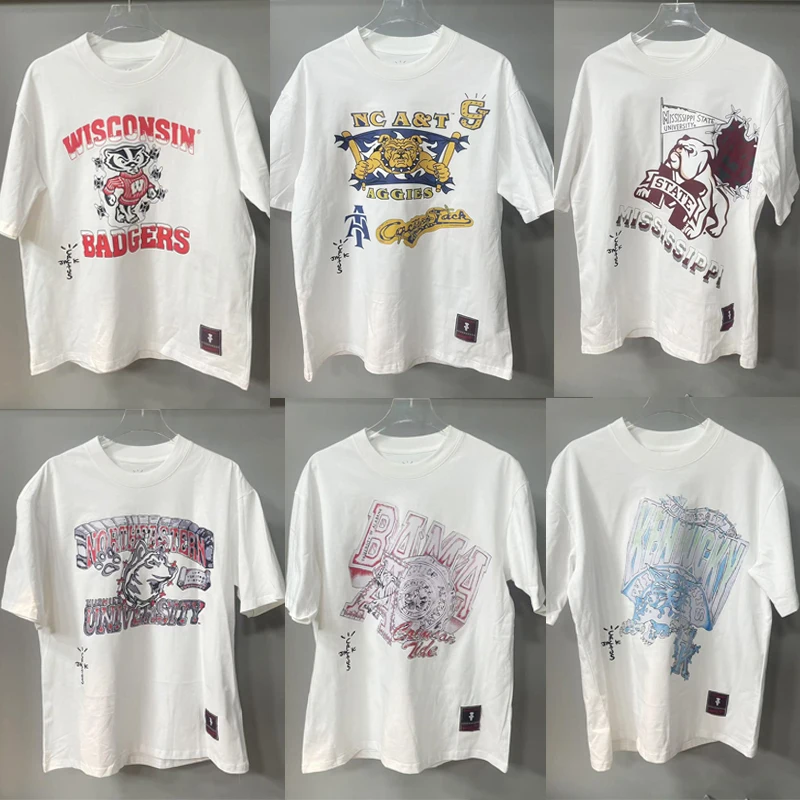 

High Street White Casual Cactus Jack T-shirt Summer Hip Hop Fashionable Embroidery Logo Abstract Printed Short Sleeve Tees