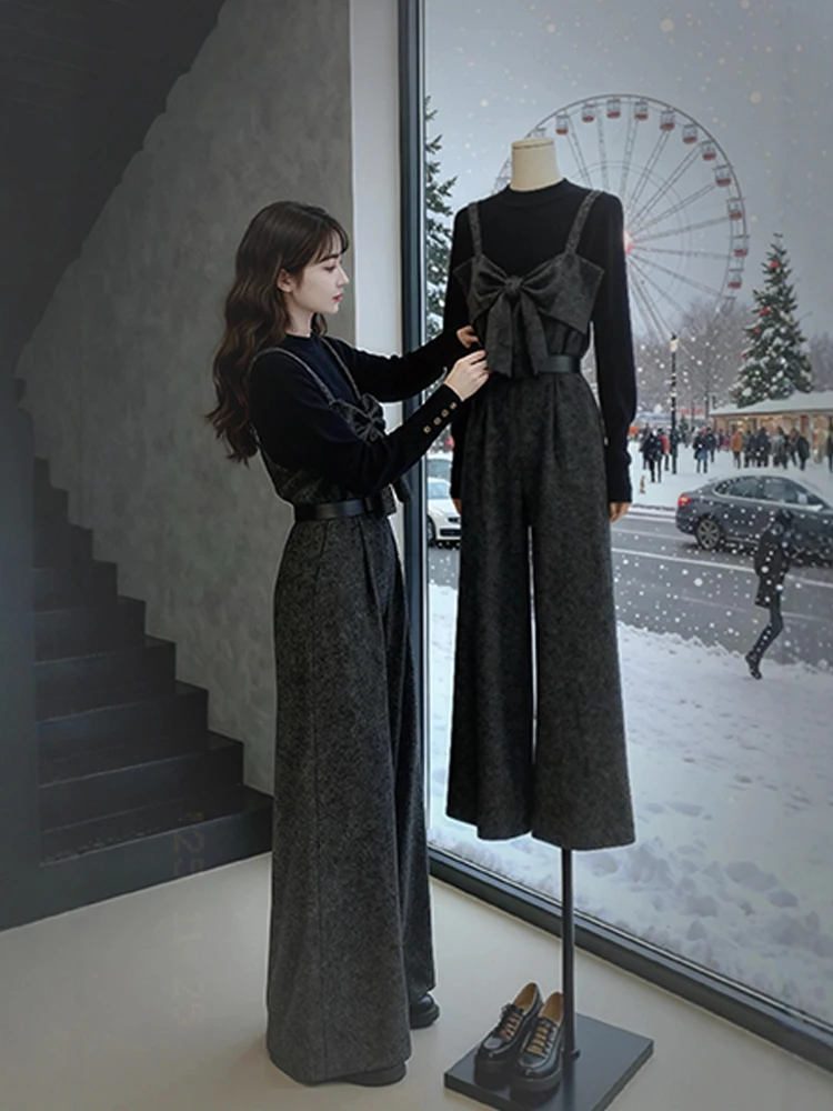 

Winter Faion plus Size Korean Sle Long Sve Base irt And Tweed Overalls Set Warm And Sli Casual Wear for Women