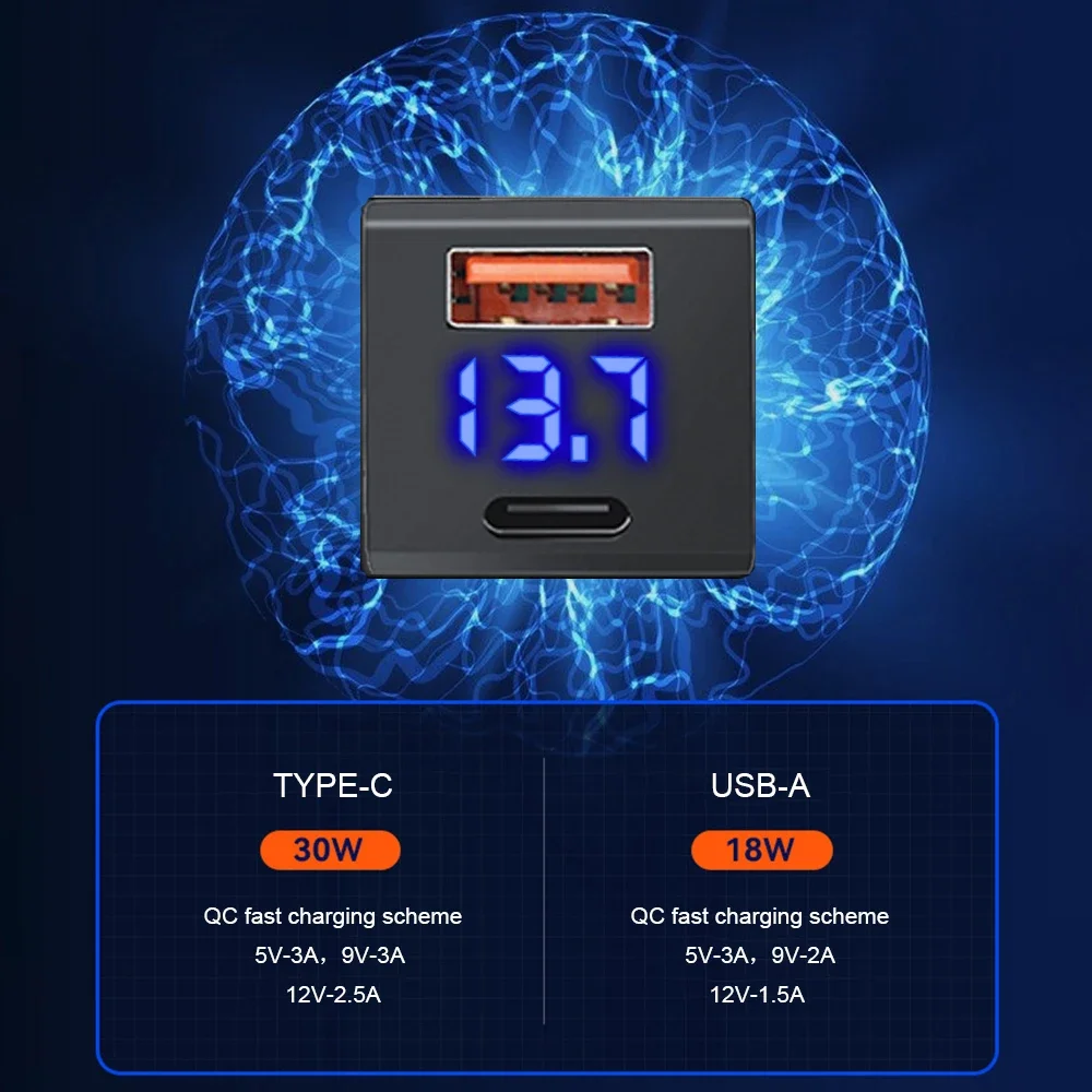 48W Fast Charger Voltmeter PD+QC3.0 USB Type-C Dual Port Phone Power Socket Quick Charge Mobile Phone Accessories For Toyota