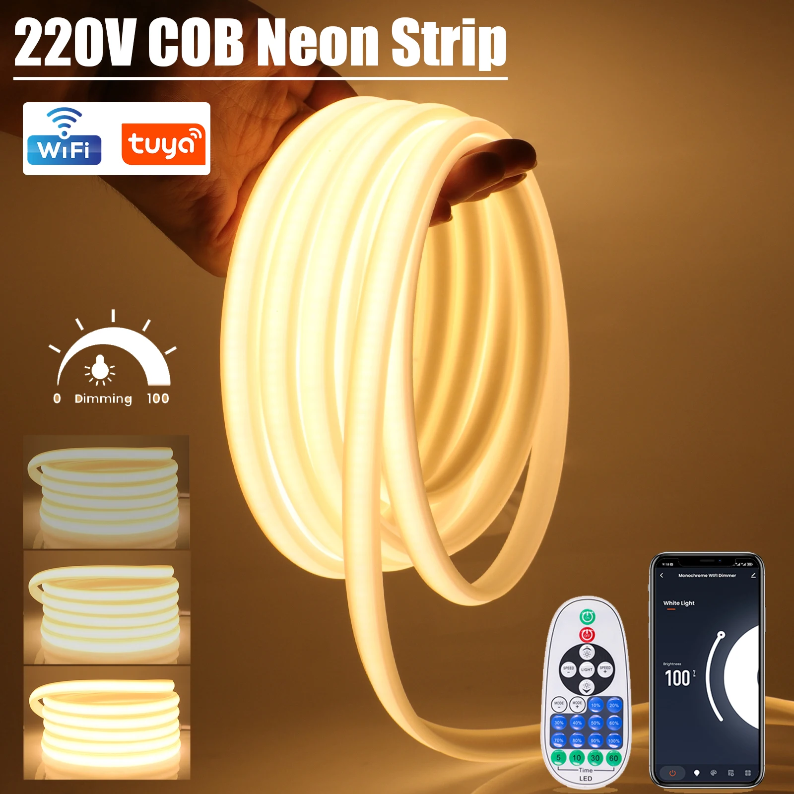 

AC 220V Dimmerable COB Neon Strip IP65 Waterproof Tuya WIFI Alexa Control Bluetooth Flexible Ribbon Stripe Tape LED Light EU Set