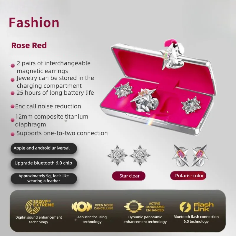 2 Pair of Replaceable Magnetic Jewelry Bluetooth Wireless Ear-clip Headphones ENC Noise Reduction Music Headsets For Girls Gifts