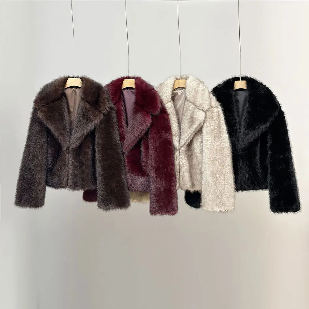 여성용 플러피 재킷 겨울옷 짧은 인조 여우털 코트 한국 스타일 캐주얼 블랙 아우터 여성용 두꺼운 따뜻한 플러시 오버코트