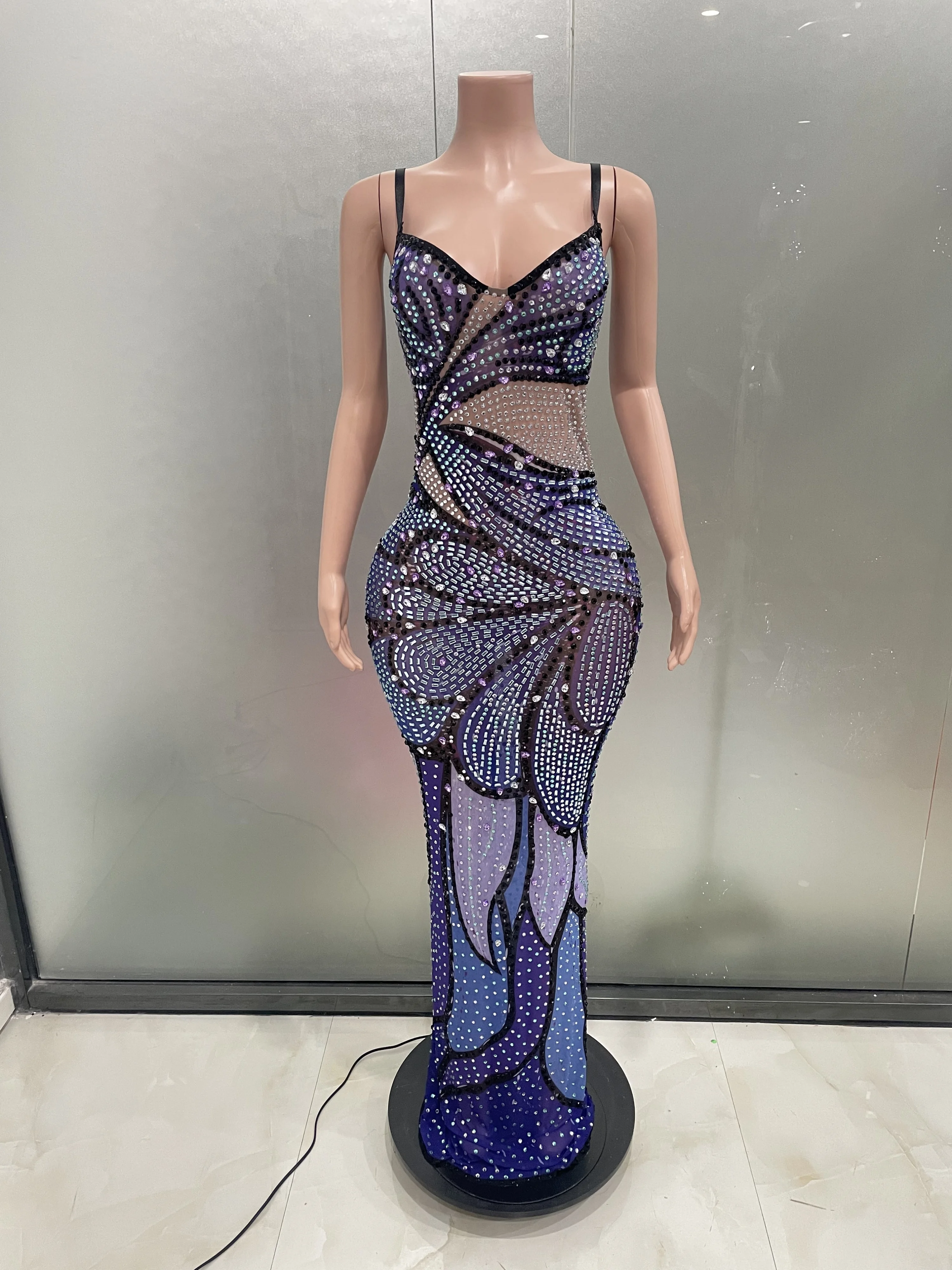 Sparkle Blue Purple Rhinestones Long Dress Women Evening Birthday Celebrate Outfit Party Sexy Stretch Singer Stage Costume