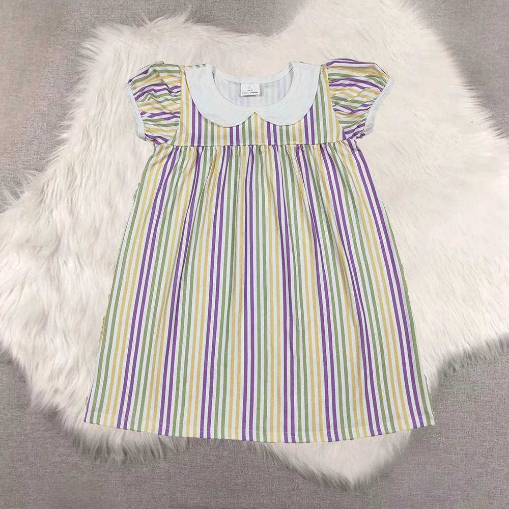 

Baby Girls Mardi Gras Stripes Collar Knee-Length Dress Multi-Color Festive Outfit for Special Occasions