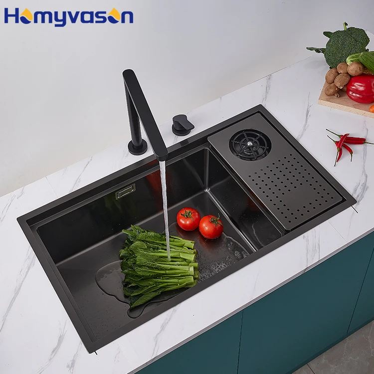 

Modern 304 Stainless Steel Sink Black Nano Large Single Counter Open Bar Hidden Cup Rinser Kitchen Sink