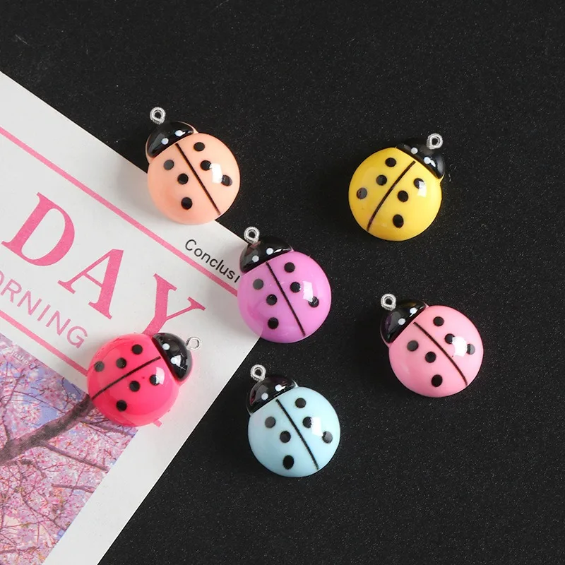 10Pcs Glossy Ladybug Resin Charms With Loop Pendants Girl Flatback Ornaments Dollhouse Decor Phone Jewelry DIY Craft Findings