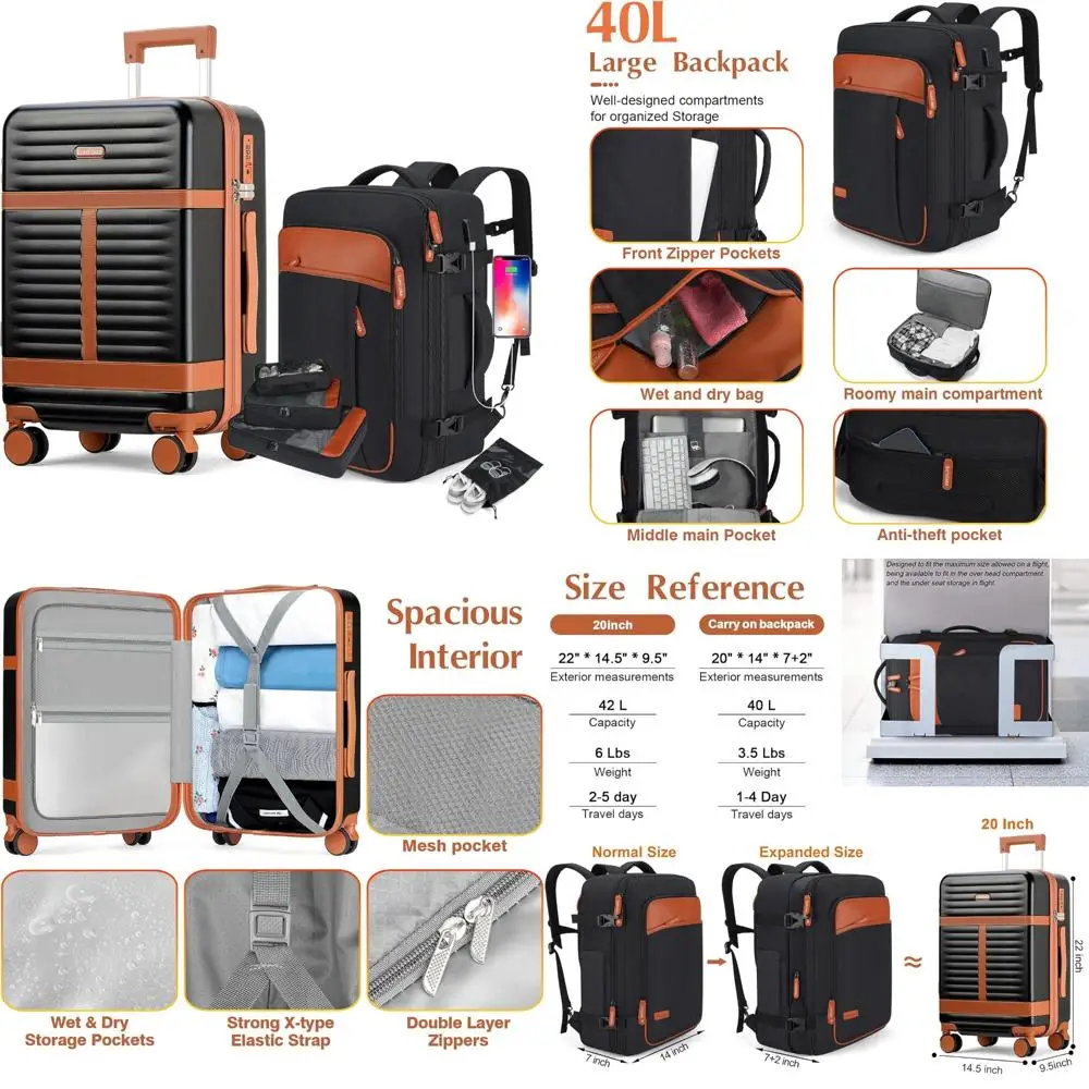 Juego de equipaje de 5 piezas con mochila de viaje, 20 maletas giratorias rígidas de mano, cerradura TSA, PC duradero, negro