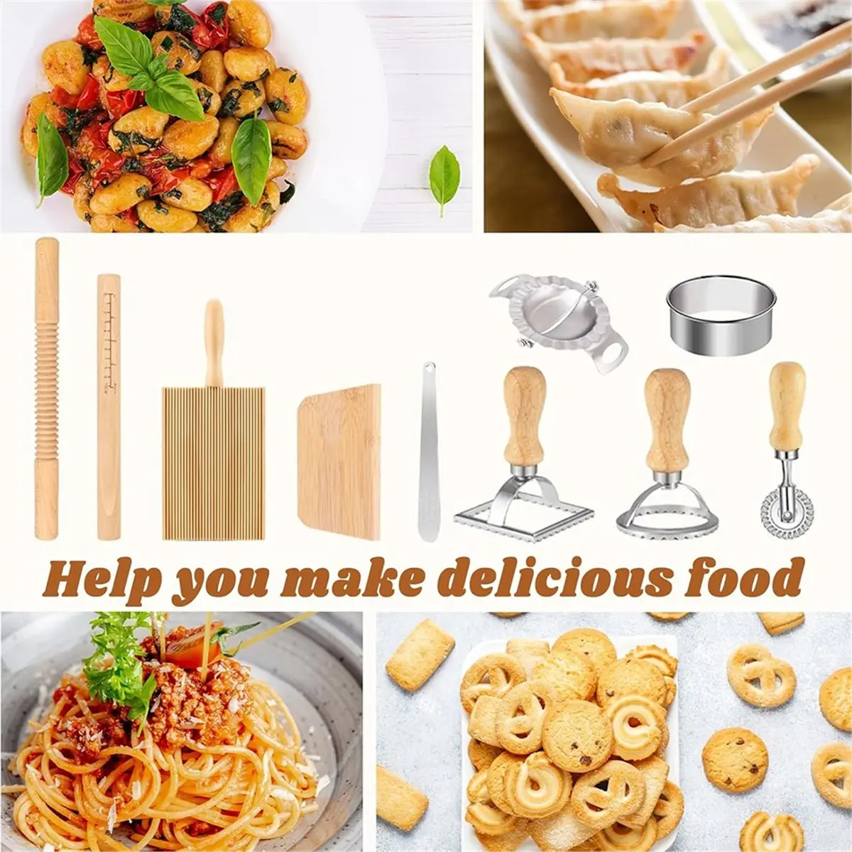 Industrial Tools 10Piece/Set Pasta Making Set: Wooden Rolling Pins, Gnocchi Board, Dumpling Maker, and More