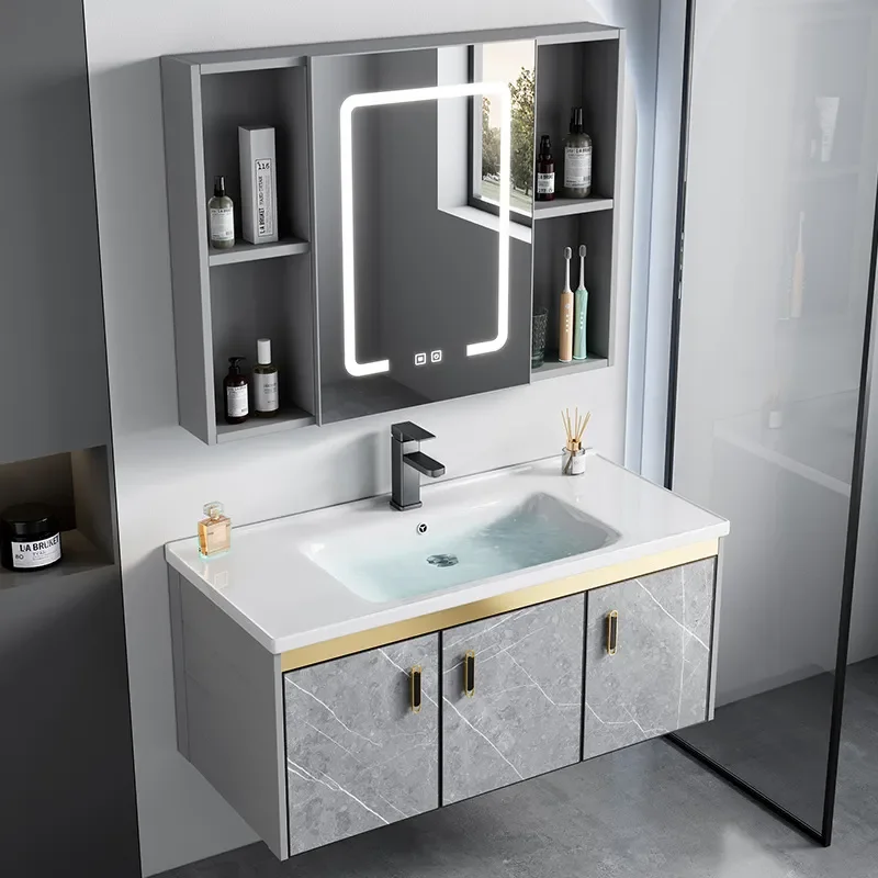 Modern Aluminum Bathroom Vanity with Sintered Stone Integrated Sink Space Saving Washbasin Cabinet for Home Hotel Decor