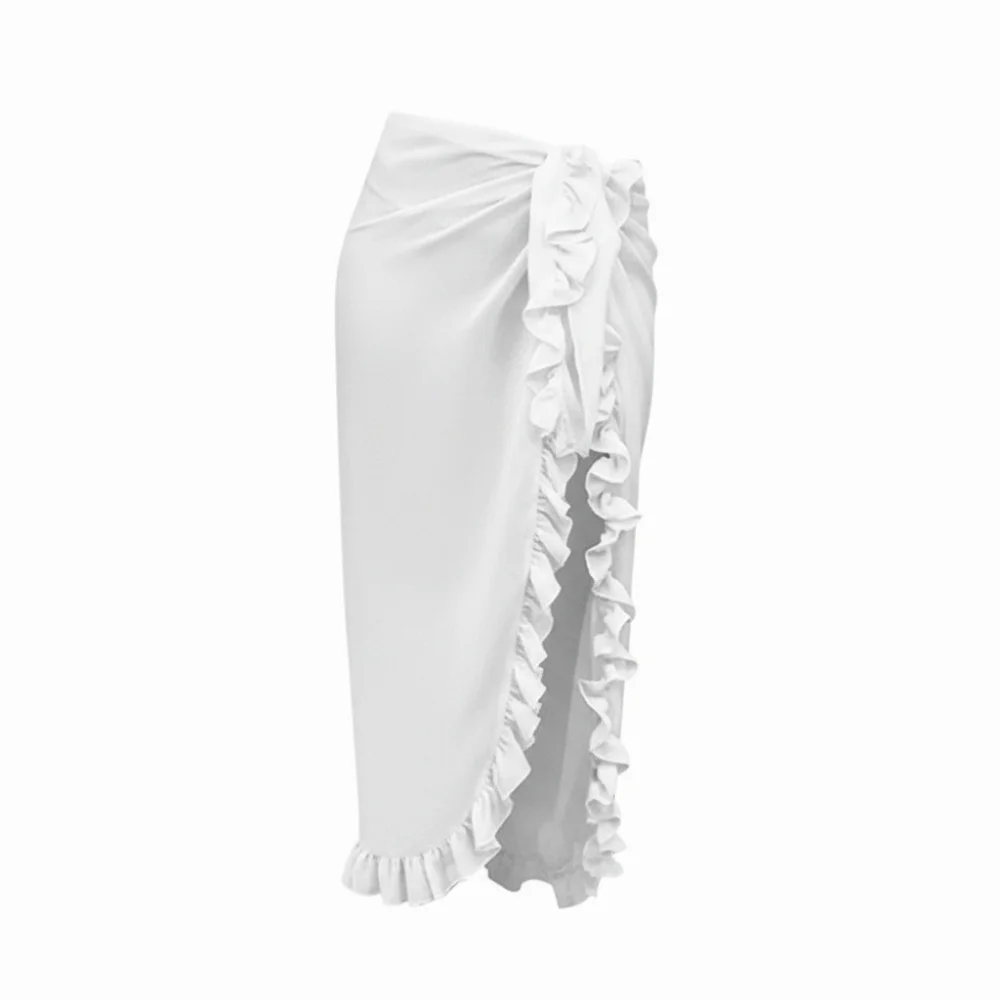 Bikini Cover Ruffle Design Sarong Solid Color Chiffon Material Beach Dress Long Length Sheer Fabric Wrap Skirt Summer Season