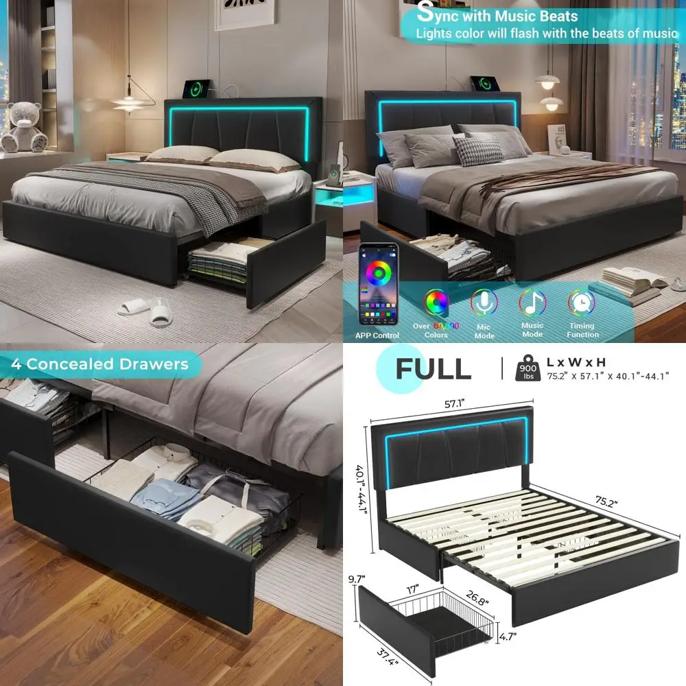 سرير علوي للألعاب بحجم مزدوج من Linique مع مكتب، ومصابيح LED ودرج، وإطار سرير معدني علوي مع مساحة تخزين داخلية شبكية بفتحات تهوية، Bla