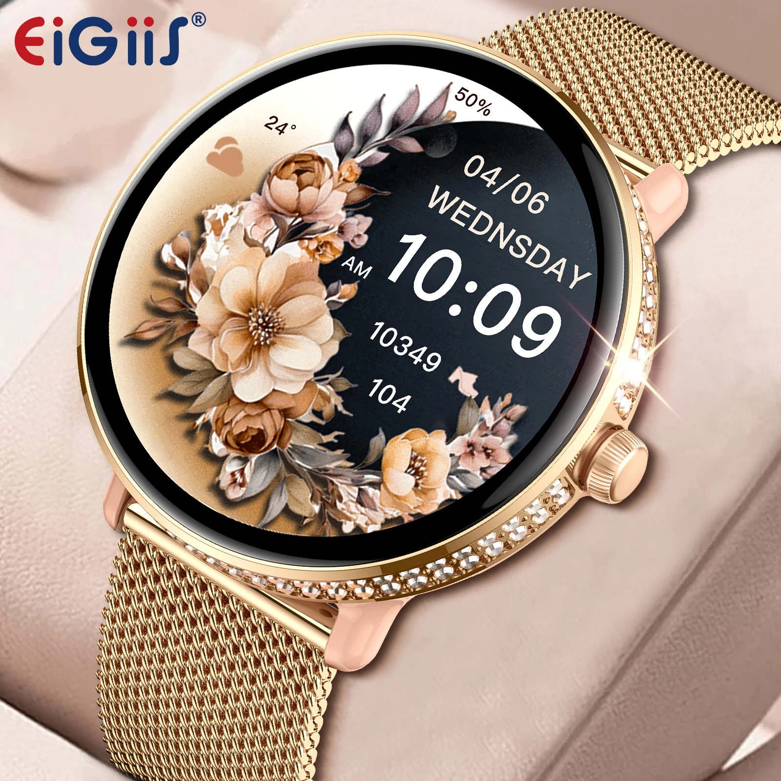 

Смарт-часы EIGIIS для женщин с AMOLED-экраном 1,19 дюйма, женские фитнес-часы с 100 спортивными режимами, монитор сна/сердечного ритма