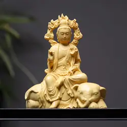 Hand Carved Wooden Samantabhadra Bodhisattva Statue Figurine - Riding Elephant Buddhist Sculpture Home Altar Temple Spiritual