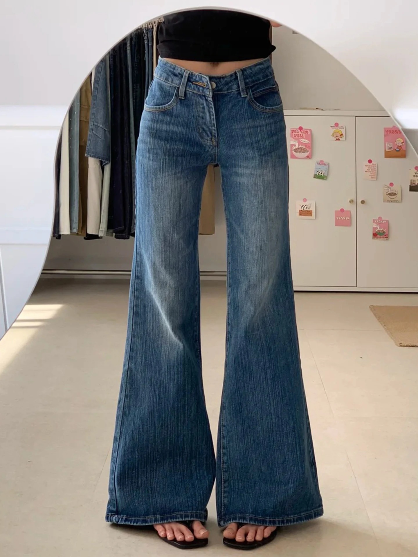 Slimfit แฟชั่นกางเกงบานสําหรับสุภาพสตรีการเดินทางทุกวันทั้งหมดตรงกับกางเกงขาตรงวินเทจคุณภาพสูงล้างกางเกงยีนส์