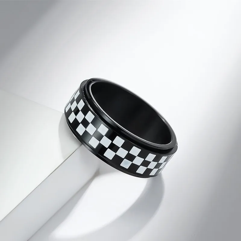 8mm Stainless Steel White/Black Checkered Pattern Spinner Ring for Men Women Size 6-12