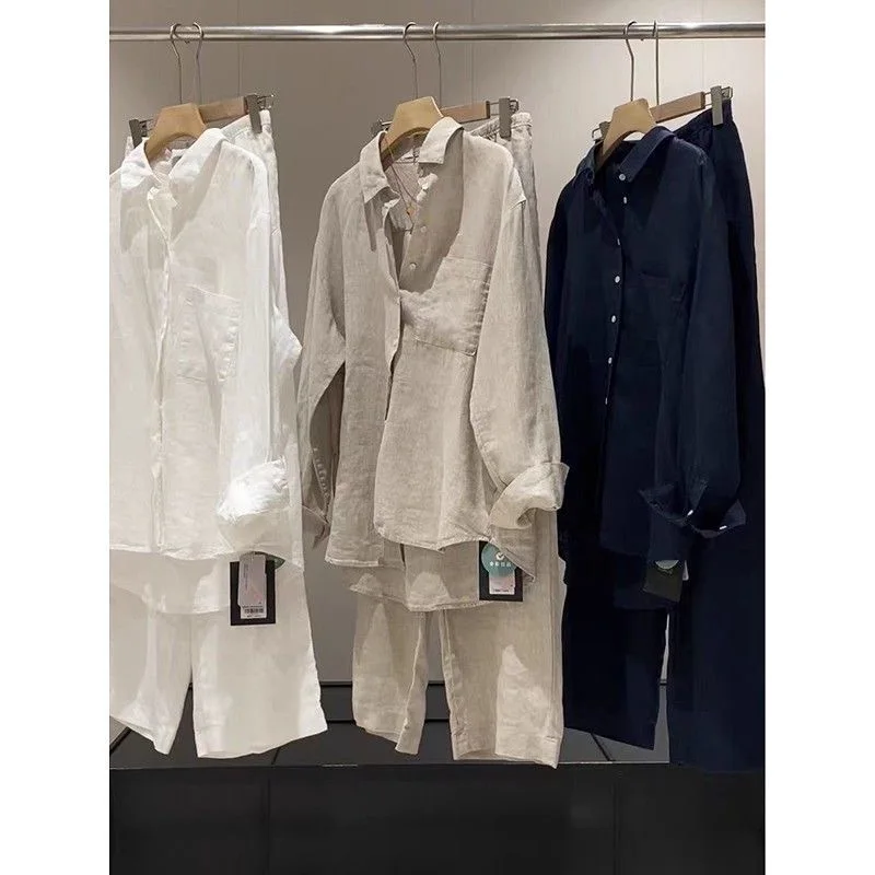 Business Casual Men's Long Sleeve Shirt Cotton Linen Two-Piece Set Spring Summer Loose Fit Male Clothing Ensemble Long Pants