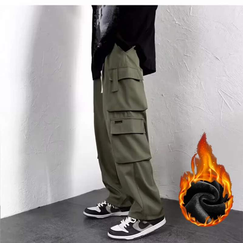 

Мужские брюки-карго в американском стиле, мужские осенне-зимние термобелье, свободные прямые широкие брюки, повседневные повседневные спортивные штаны