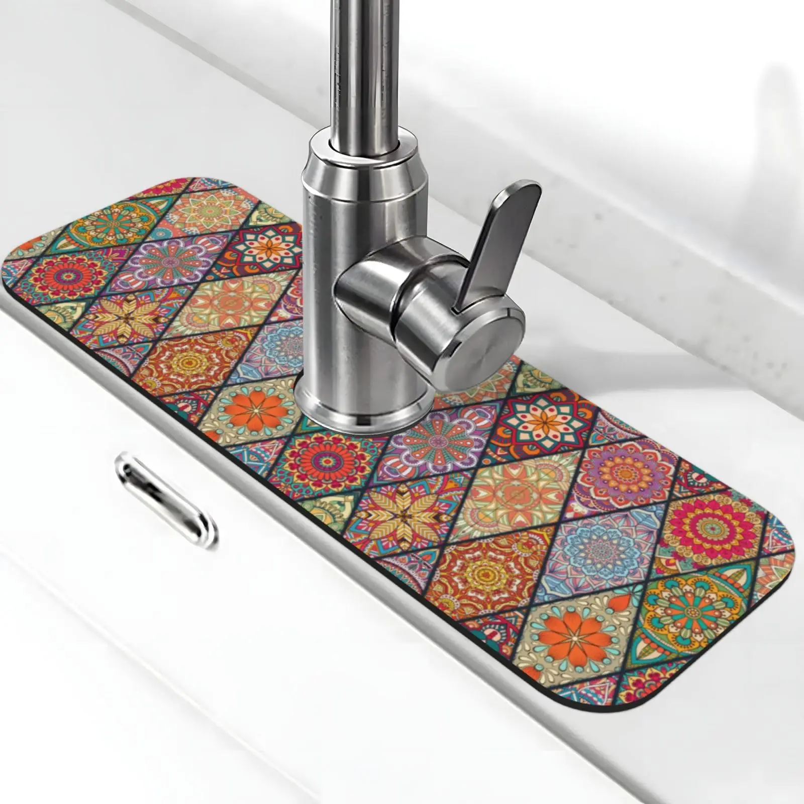 VIKAMA Vintage Hippie Bohemian Mandala Kitchen Sink Splash Guard Faucet Faucet Guard Draining Mat Kitchen Bathroom Home Decor