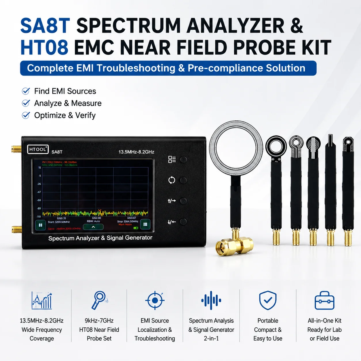 Portable Spectrum Analyzer and Signal Source Generator 2-in-1 13.5MHz-8.2GHz with HT08 Near-field probe