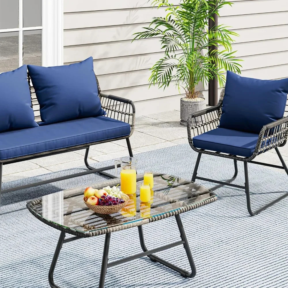 Conjunto de móveis de vime ao ar livre do pátio, Rattan para todos os climas, cadeira Loveseat para quintal varanda, azul marinho, 4 pcs