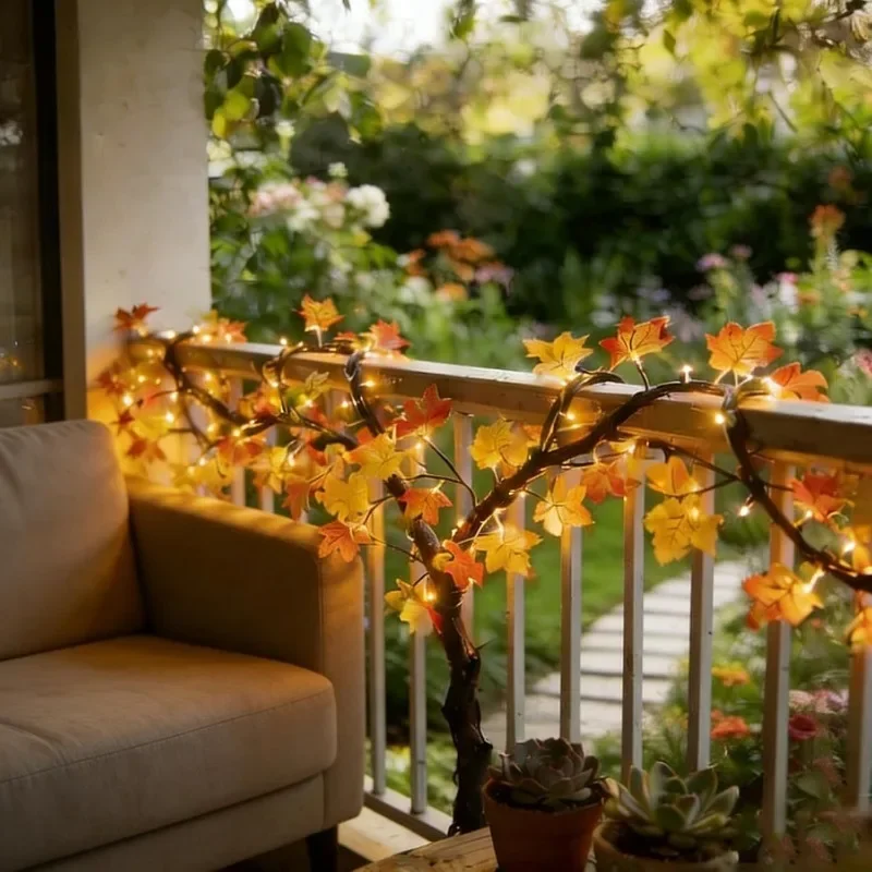 Thanksgiving Autumn Maple Leaf Vine Wall Light, Flexible Branch LED Fairy String Light Fall Maple Garland Lamp for Fireplace Wall Home Bedroom Decor