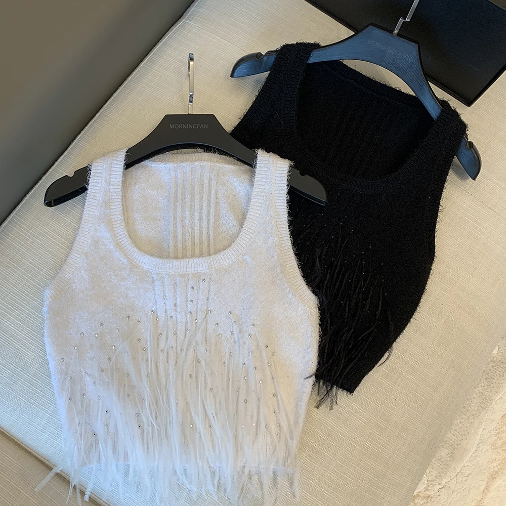 

2025 High-quality Ostrich Feather Custom Yarn Hot Diamond Knitted Vest Women's Summer Slimming Short Top Good Morning
