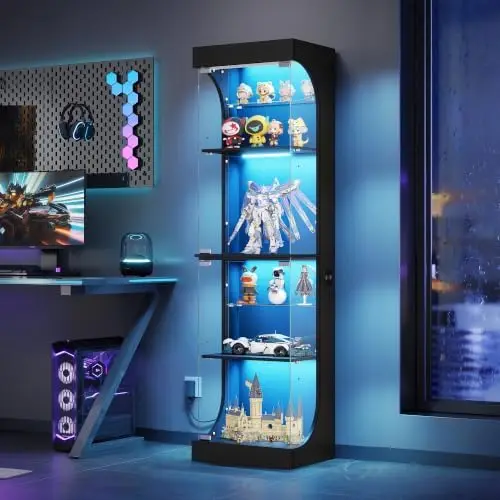 Glass Display Cabinet 4-Tier Display Case with RGB Lights Black | Curio cabinet adjustable glass shelves, human body