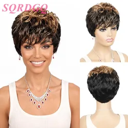 SQRDGQ Synthetic Hair Wigs For Women Short Wigs Women Natural Wavy Black Brown Wig Female Pixie Cut Curly Wigs With Bangs