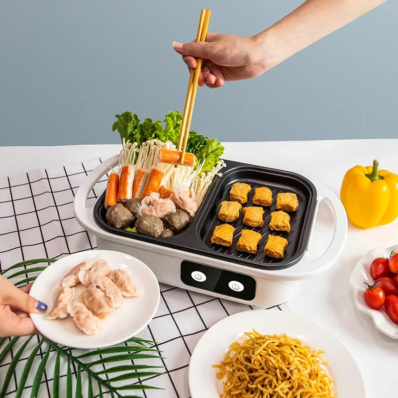 

Two in one non stick chafing pan and grill, multi-function pan, barbecue chafing pan, frying pan with barbecue, steak, Lamian