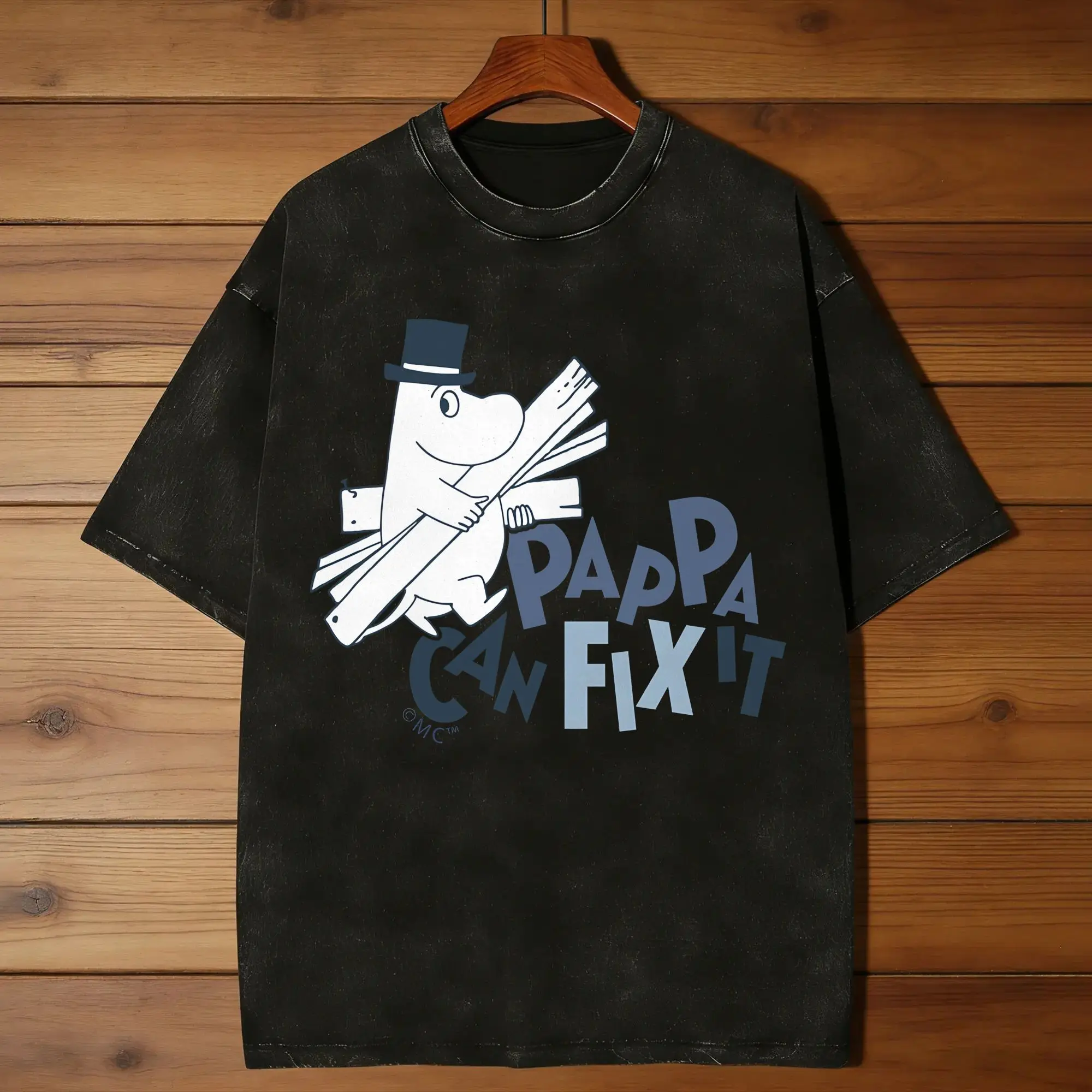 M-moomin Pappa Can Fix It Blue Text T-Shirts for Men Round Collar Pure Cotton Washed T Shirts Short Sleeve Shirt Plus Size Tops