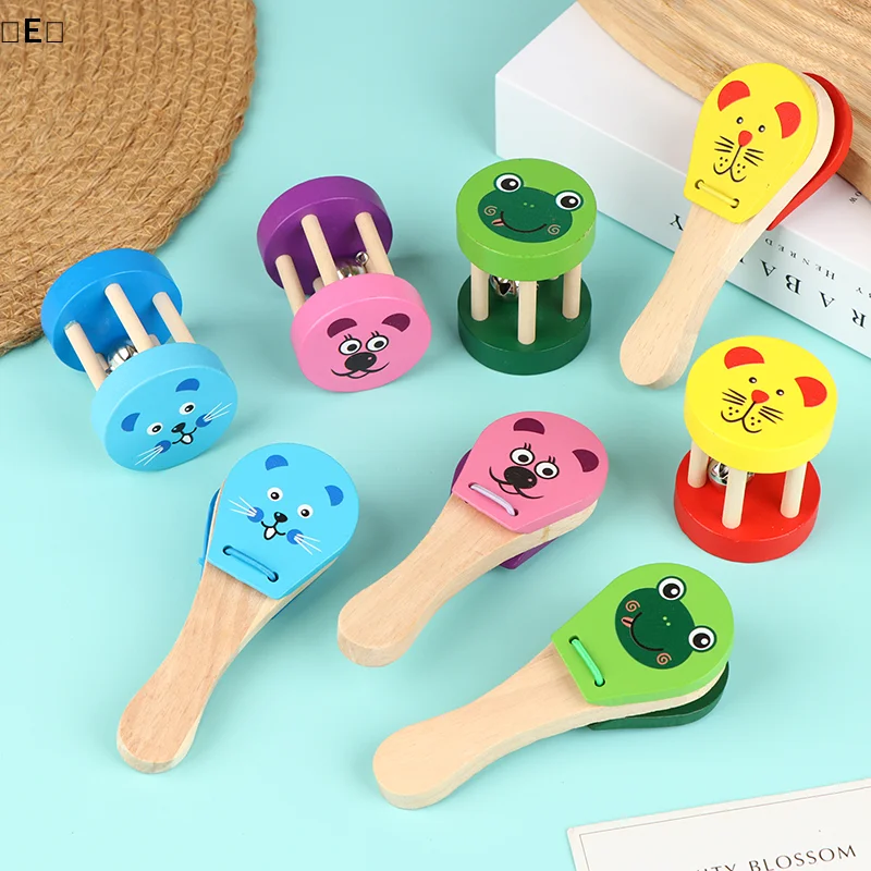 

〔E〕Kids Cartoon Wooden Castanets Five Stud Rattle Bells Baby Clapper Handle Musical Instruments Educational Toys For Children