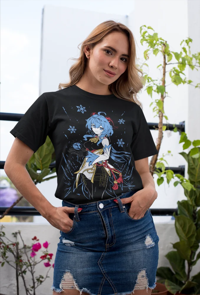 Anime Girl Kawaii Black Shirt Short Sleeve All Size Ganyu Genshin Impact T-shirt