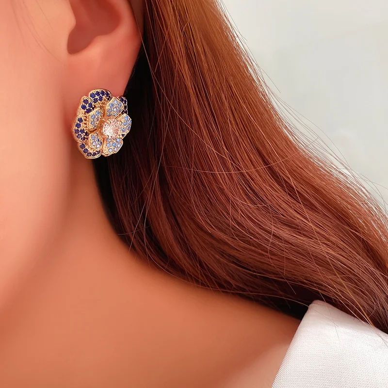 Big Flower Stud Earrings For Women 925 Silver Needle Vintage Blue Gold Color Luxury Party Accessories Fine Jewelry