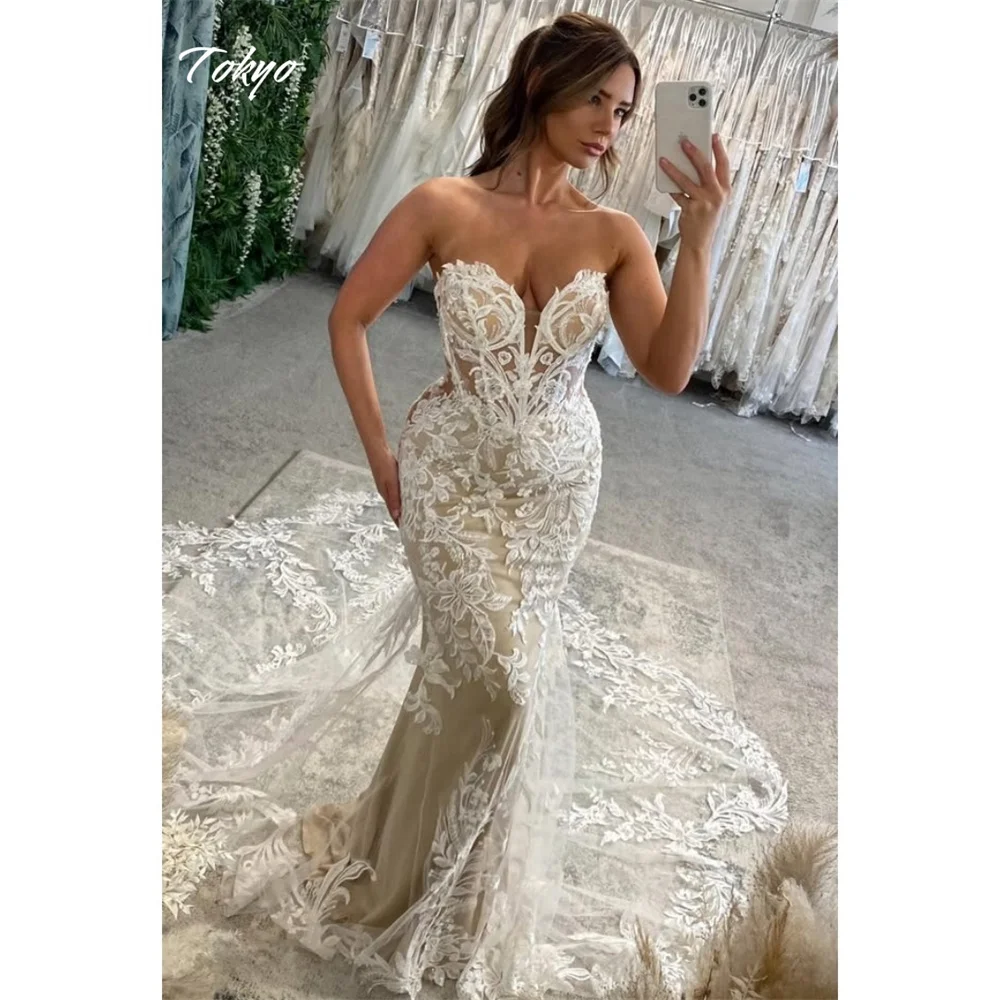 Tokyo Customized White Sweetheart Neck Wedding Dress Detachable Sleeves Mermaid Bridal Gown Back Zip Court Train Wedding Gown