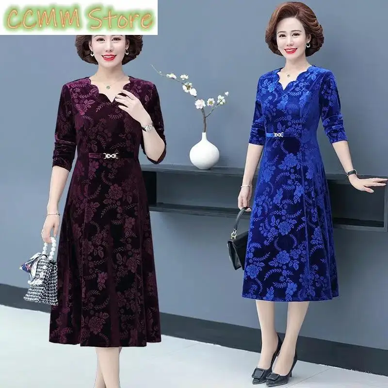 New Middle-Aged Elderly Female Autumn High Pressure Flower V-Neck Dress Temperament Long Sleeve Long Mother Dress Female Elegant