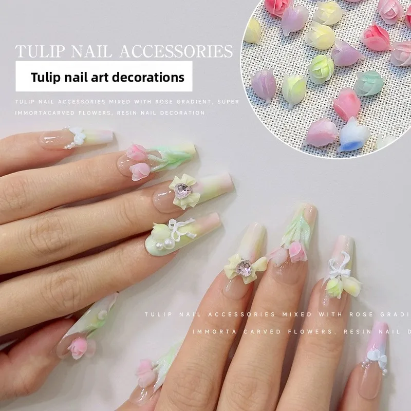 LYLE 50Pcs Sweet Tulip Nail Charms Mixed Pack Pure Charming Fresh Style Resin Flowers DIY Nail Art Accessories