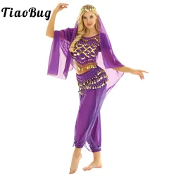 Women Belly Dance Costume Set Coins Top+Harem Pants+Hip Scarf+Head Scarf Outfit for Festival Carnival Egypt Indian Dance