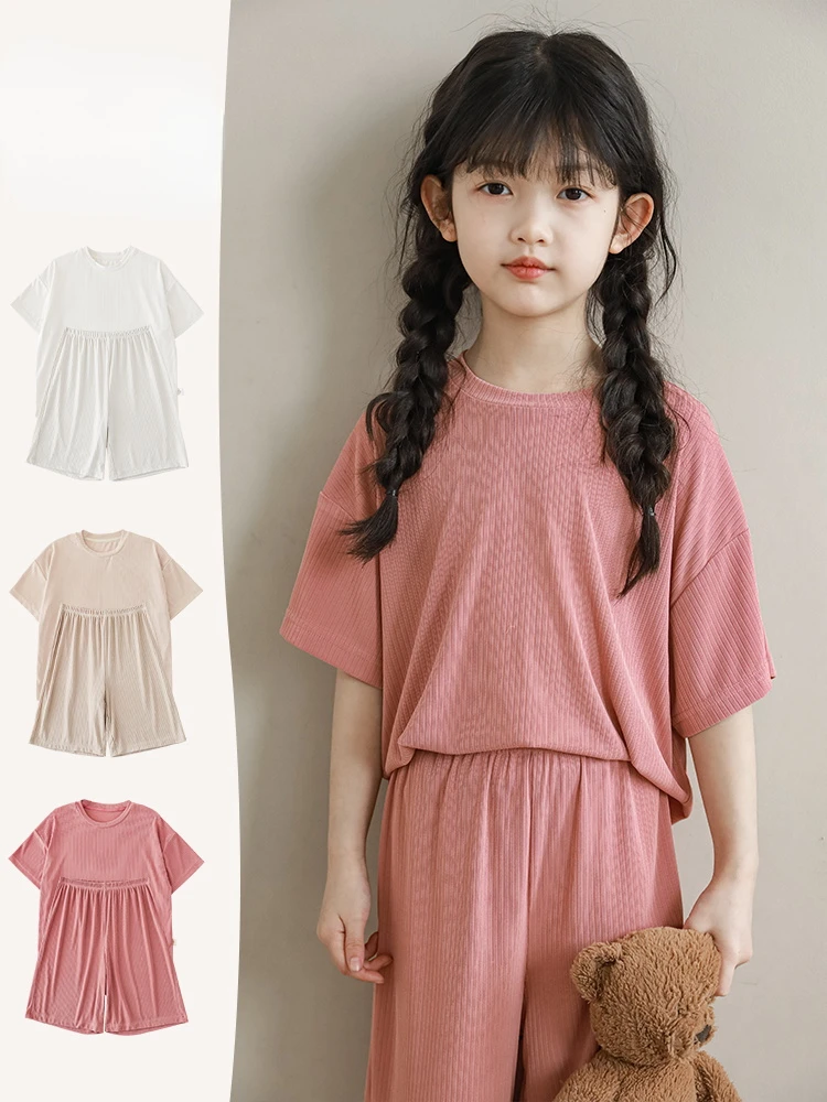 

2023 Summer Girls' Knitted Pit Striped Short Sleeve T-shirt Children's Loose Crop Wide Leg Pants Round Neck Two Piece Set