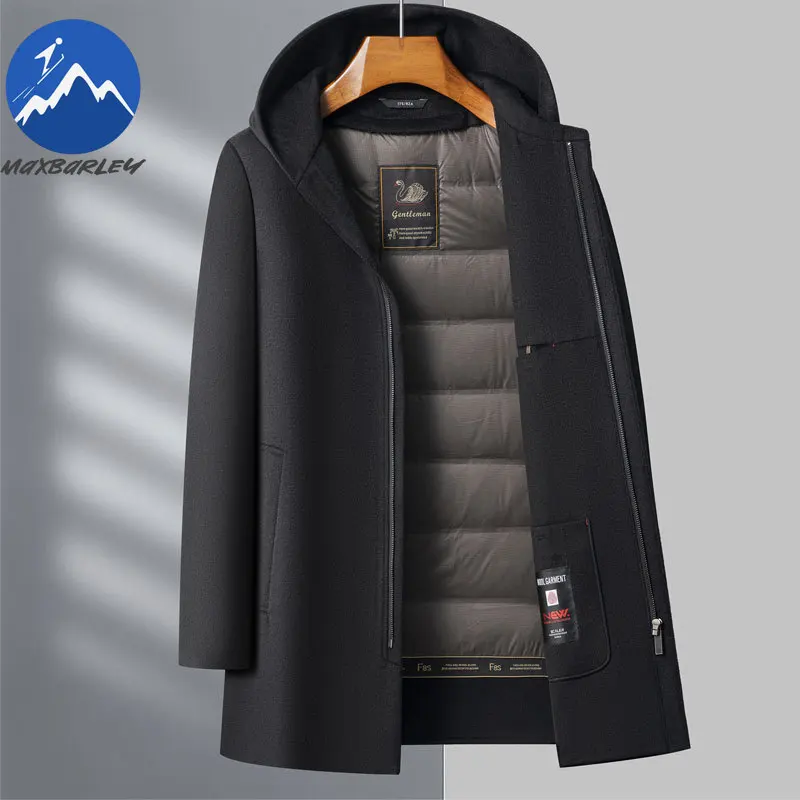 Maxbarley Winter Cashmere Coat Men High Designer Street White Duck Down Vest Hooded Trench Jacket Korean Elegant Woolen Overcoat