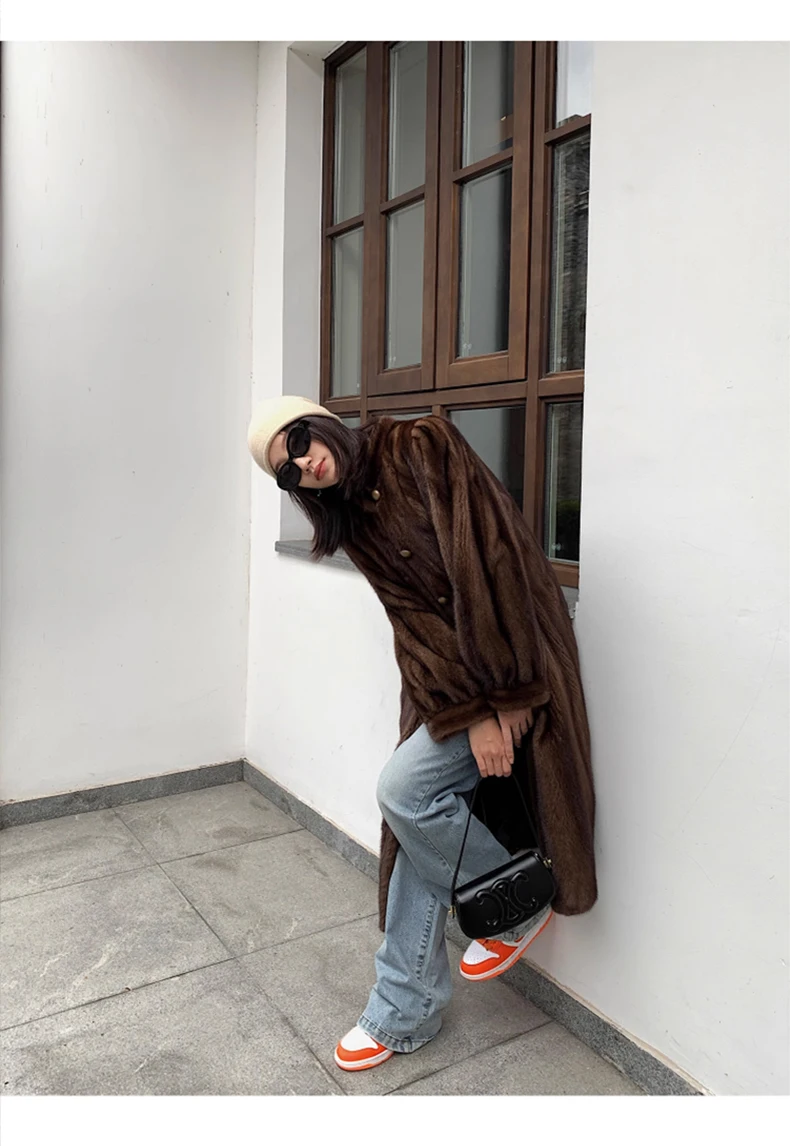 Lautaro Winter Long Brown Thick Warm Soft Faux Mink Fur Coat Women Puff Sleeve Elegant Luxury Chic Fluffy Furry Overcoat 2023