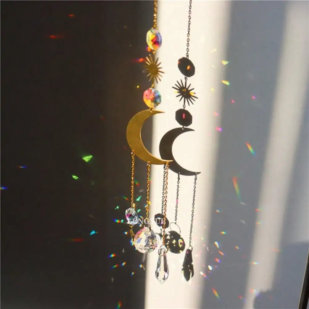 6pcs Crystal Sun Catcher Pendant Moon Star Wind Chime Pendant Window Colored Crystal Wind Chime Garden Lucky Decoration Pendant