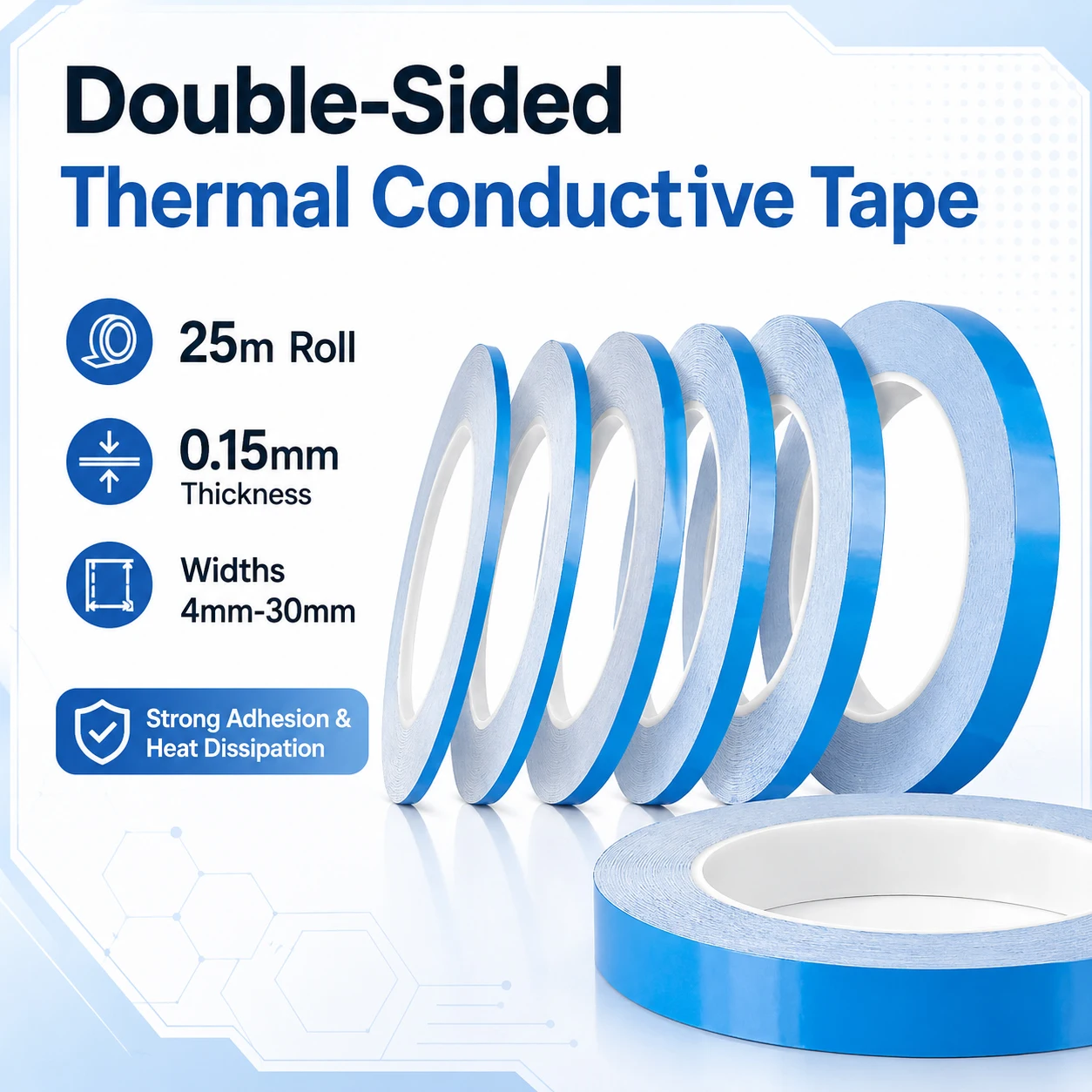 1PC 25m Blue Double-Sided Thermal Conductive Tape 5-30mm Wide for Heat Sinks Cooling Adhesive Heat Dissipation Bonding Tape