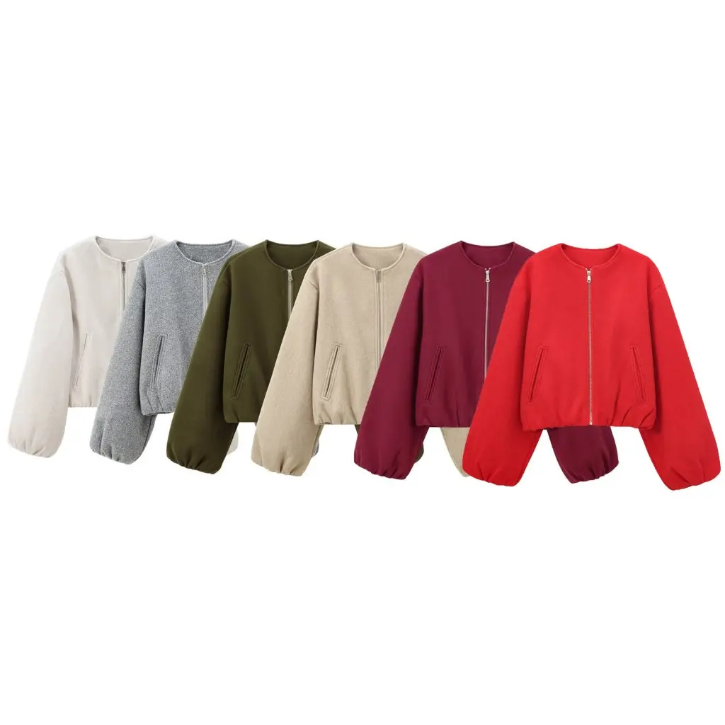 

Spring Women's Soft Aviator Crewneck Zipper Short Jacket European American Style