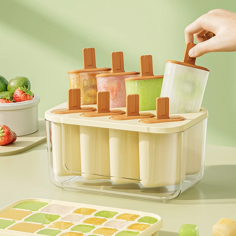 

Silicone Ice Cube Film with 8 Compartments Ice Box with Lid Food Grade Household Popsicle Ice Cream Mold