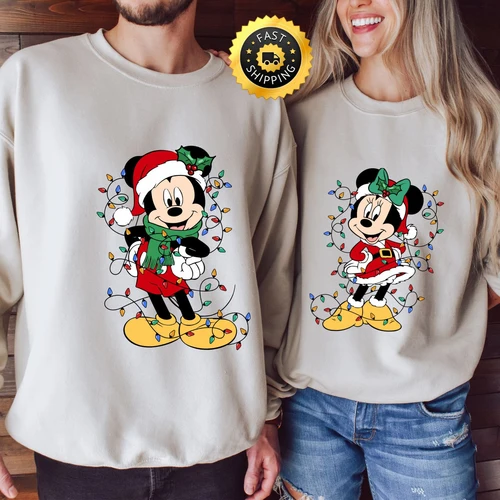 Imagen 2 del producto Sudadera con luces navideñas de Mickey y Minnie, jersey, camiseta familiar de Disney para parejas, ropa de gran tamaño para hombres, ropa Y2k para mujeres ﻿