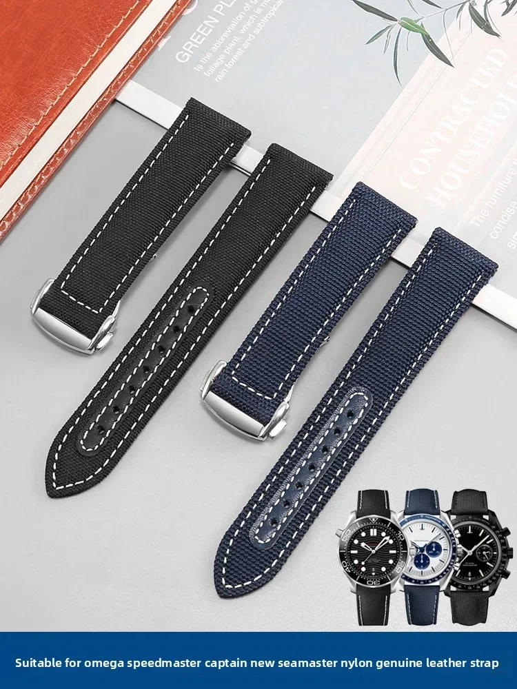 Suitable for Omega Speedmaster AT150 Golden Needle Captain New Seahorse 300 Nylon Canvas Leather Watch Strap 22mm20mm